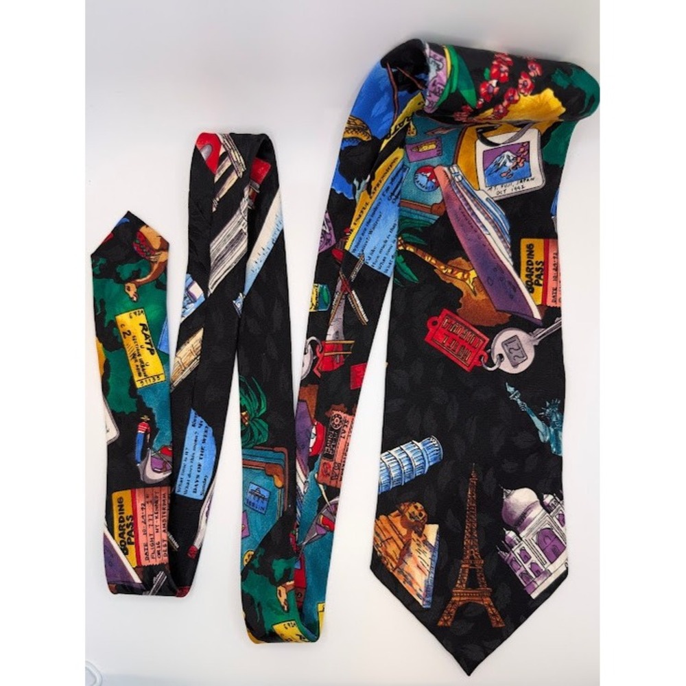 Nicole Miller Silk Tie Mens Travel Art Print Landmarks Paris Vintage 1993